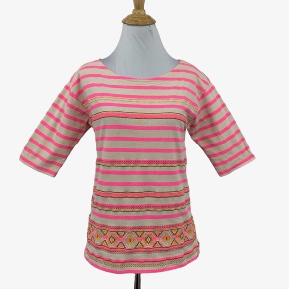 J. Crew Tops - J Crew Top Size Small Neon Pink Striped Aztec Knit Embroidered Half Sleeve Shirt